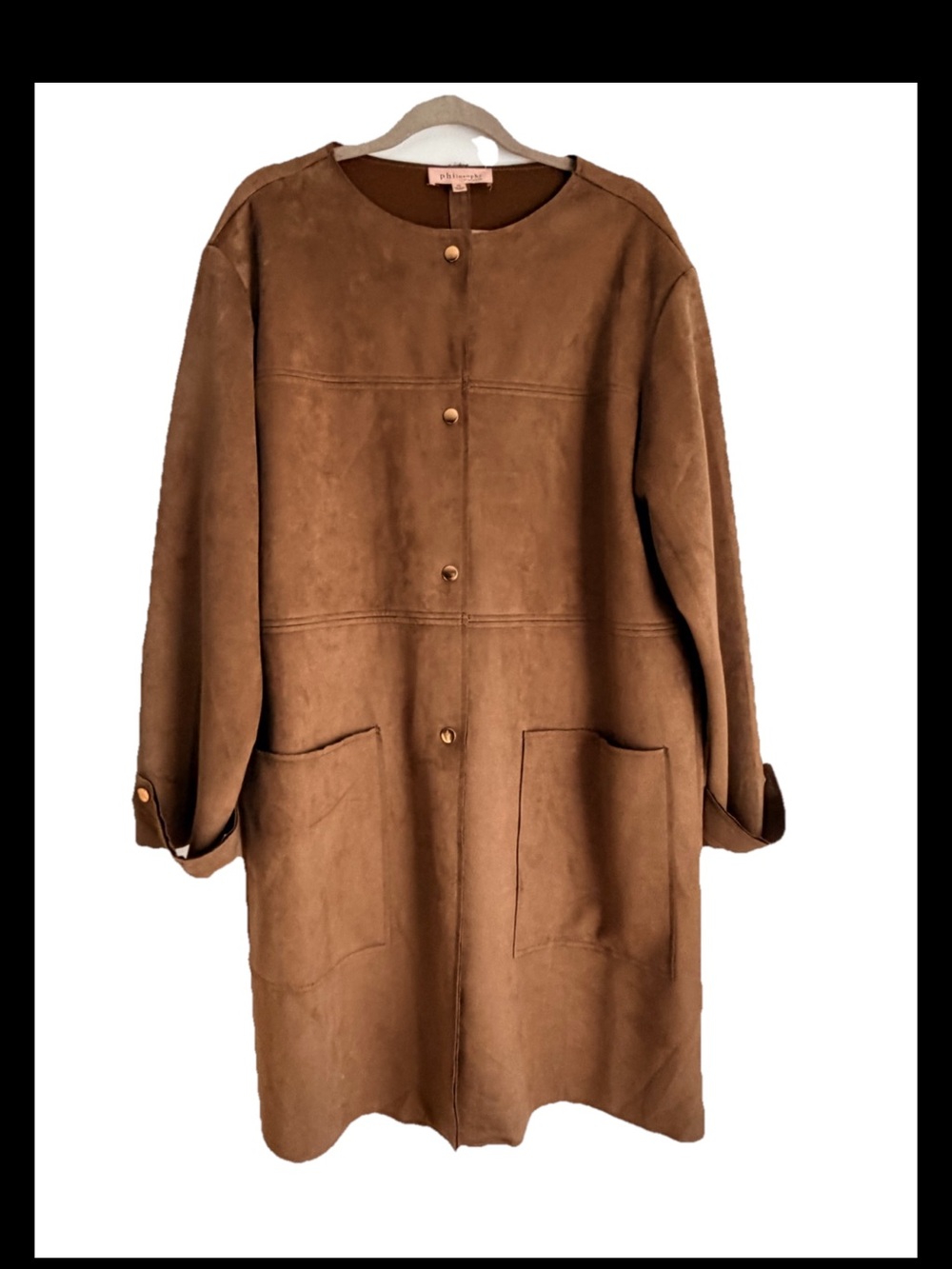 PHILOSOPHY Women’s Long Faux Suede Brown Topper Coat Pockets Round Neck Sz XL